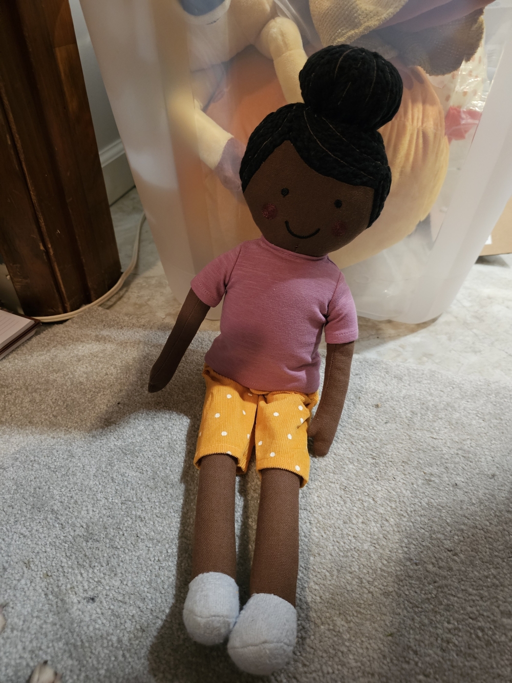 Brown Fabric Doll with Pink Top and Yellow Polka Dot Shorts